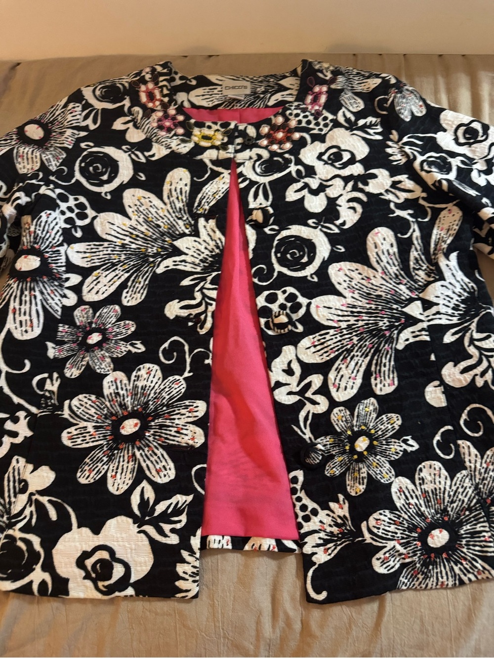 Chicos Versicolor Flower Flannery Statement Jacket with Embellishmenr